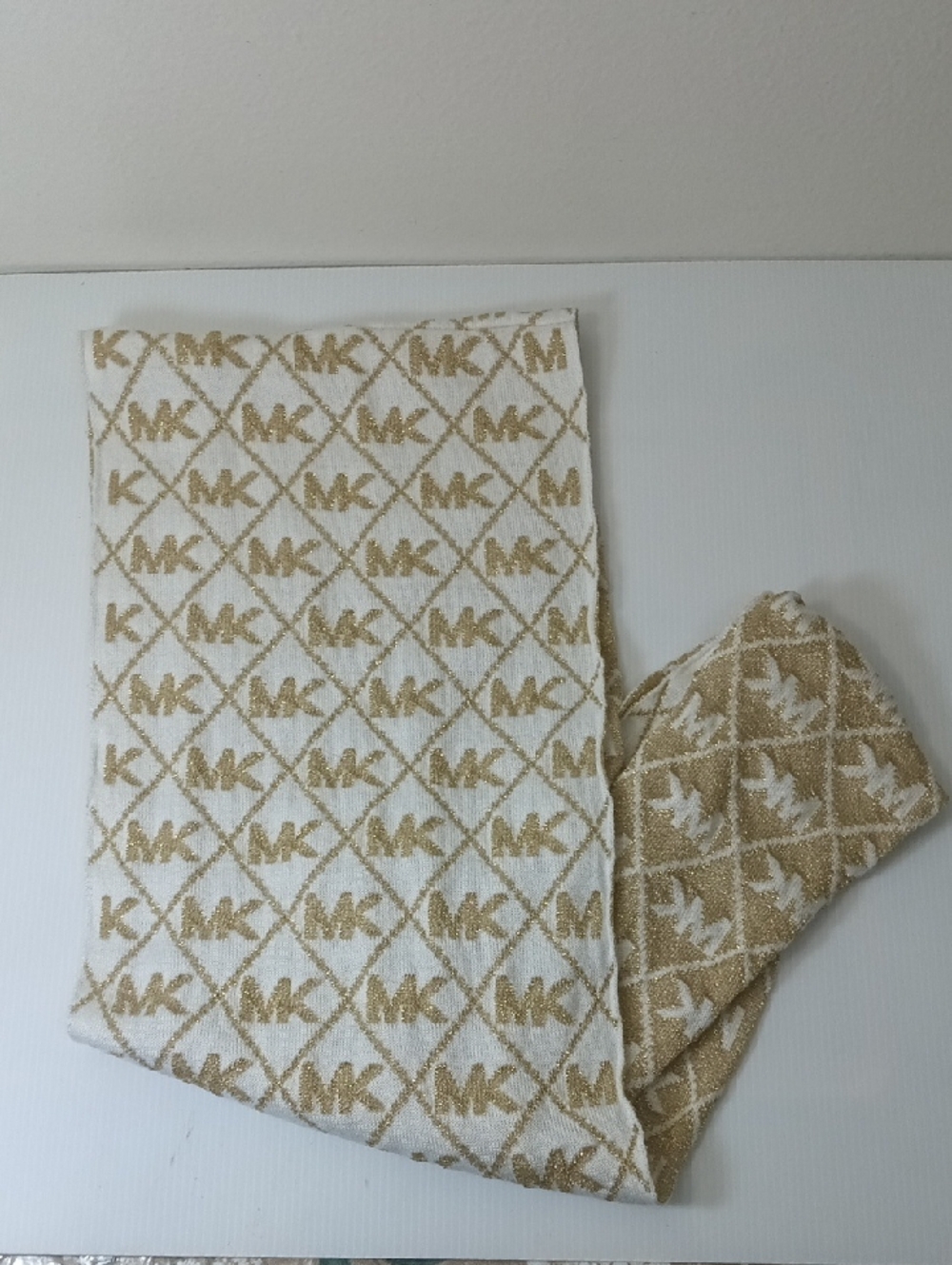 Michael Kors White and Gold MK Jacquard Knit Scarf
